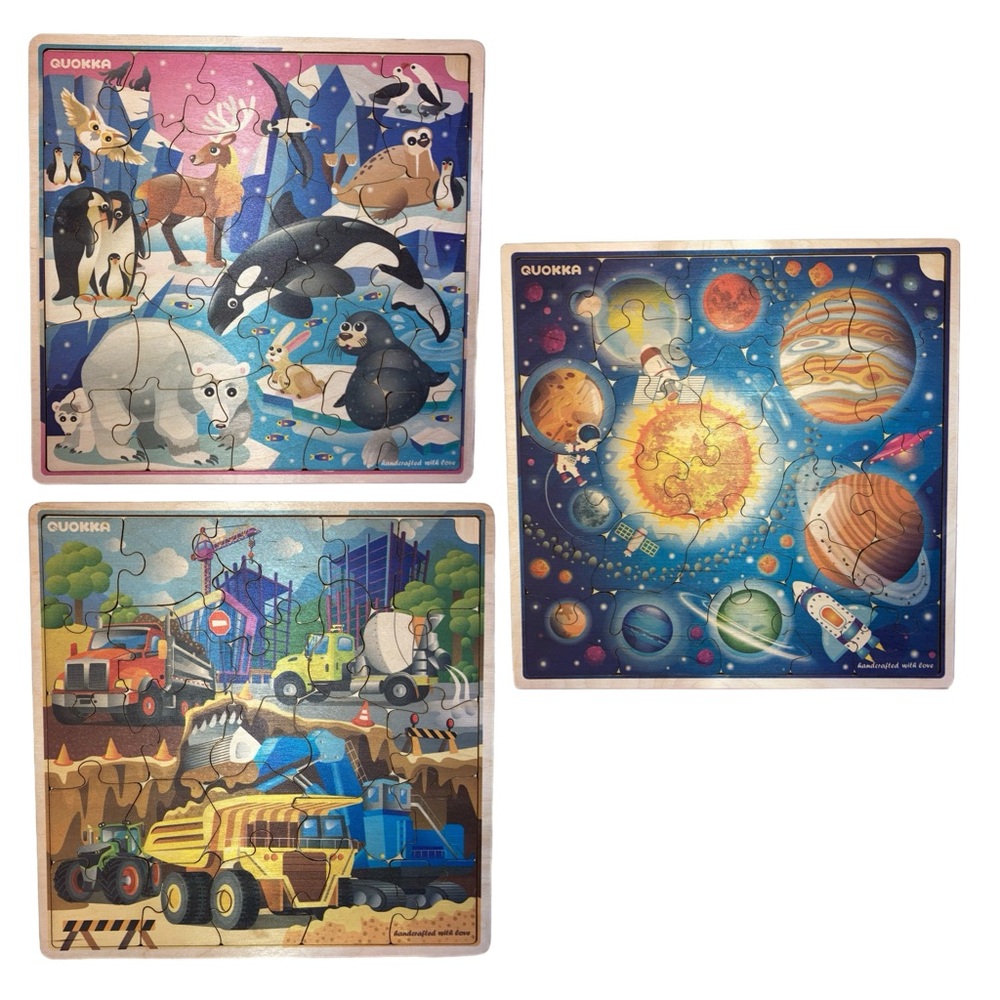 Set of 3 Quokka Wooden Puzzles  Construction, Solar System, Arctic Animals EUC